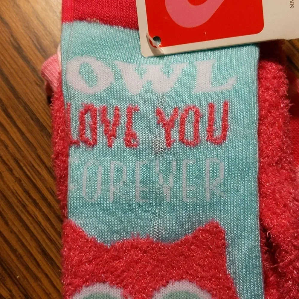 Valentine's Pink Owl Love You Forever 2 Pack Crew Socks Women's 4-10 NWT